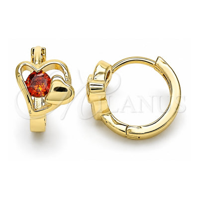 Oro Laminado Huggie Hoop, Gold Filled Style Heart Design, with Garnet Cubic Zirconia, Polished, Golden Finish, 02.210.0592.1.12