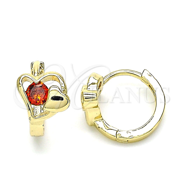 Gold Filled Hoop Earrings — Huggie Hoop Heart Design with Garnet Cubic Zirconia — main product view — SKU 144721 | Oro Laminado aretes de aro — Huggie Hoop corazón diseño with Garnet Cubic Zirconia — SKU 144721