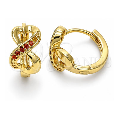 Oro Laminado Huggie Hoop, Gold Filled Style Heart Design, with Garnet Micro Pave, Polished, Golden Finish, 02.210.0593.1.12