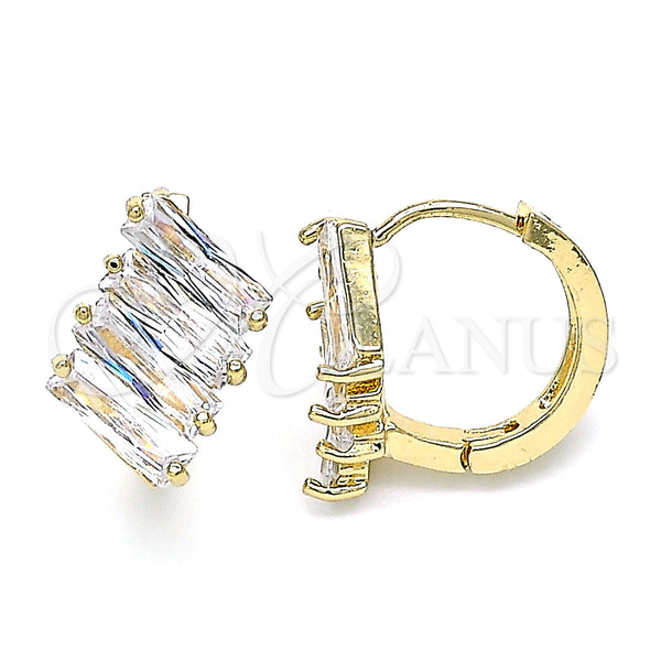 Gold Filled Hoop Earrings — Huggie Hoop Baguette Design with White Cubic Zirconia — main product view — SKU 144724 | Oro Laminado aretes de aro — Huggie Hoop Baguette diseño with blanco Cubic Zirconia — SKU 144724