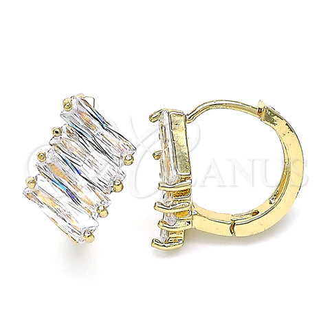 Oro Laminado Huggie Hoop, Gold Filled Style Baguette Design, with White Cubic Zirconia, Polished, Golden Finish, 02.210.0594.15