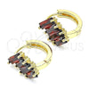 Oro Laminado Huggie Hoop, Gold Filled Style Baguette Design, with Garnet Cubic Zirconia, Polished, Golden Finish, 02.210.0594.1.15