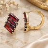 Oro Laminado Huggie Hoop, Gold Filled Style Baguette Design, with Garnet Cubic Zirconia, Polished, Golden Finish, 02.210.0594.1.15