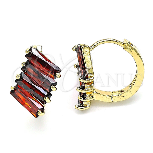 Gold Filled Hoop Earrings — Huggie Hoop Baguette Design with Garnet Cubic Zirconia — main product view — SKU 144725 | Oro Laminado aretes de aro — Huggie Hoop Baguette diseño with Garnet Cubic Zirconia — SKU 144725