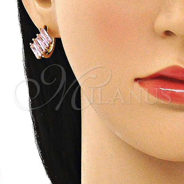 Gold Filled Hoop Earrings — Huggie Hoop Baguette Design with Pink Cubic Zirconia — alternate product view — SKU 144726 | Oro Laminado aretes de aro — Huggie Hoop Baguette diseño with Pink Cubic Zirconia — SKU 144726