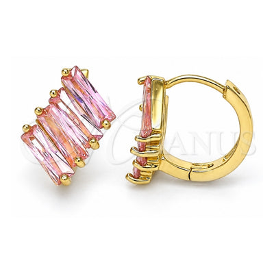 Oro Laminado Huggie Hoop, Gold Filled Style Baguette Design, with Pink Cubic Zirconia, Polished, Golden Finish, 02.210.0594.2.15