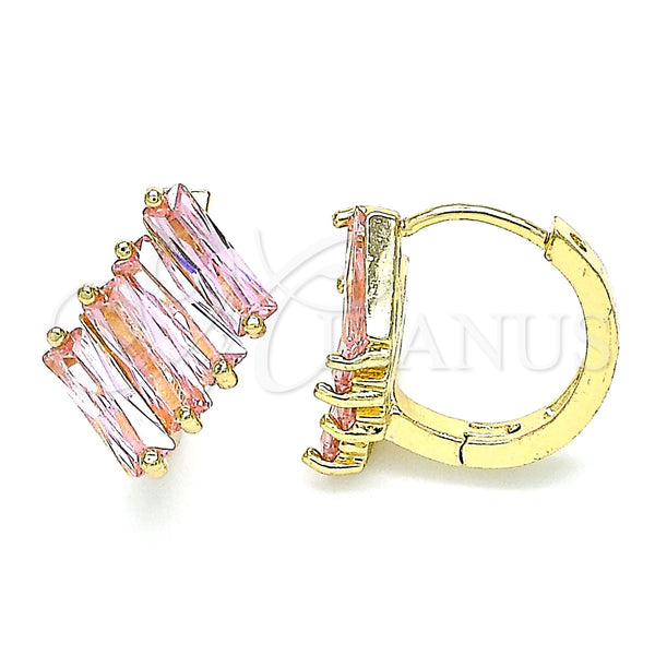 Gold Filled Hoop Earrings — Huggie Hoop Baguette Design with Pink Cubic Zirconia — main product view — SKU 144726 | Oro Laminado aretes de aro — Huggie Hoop Baguette diseño with Pink Cubic Zirconia — SKU 144726