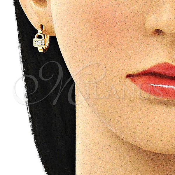 Gold Filled Hoop Earrings — Huggie Hoop Lock Design with White Micro Pave — alternate product view — SKU 144727 | Oro Laminado aretes de aro — Huggie Hoop Lock diseño with blanco Micro Pave — SKU 144727