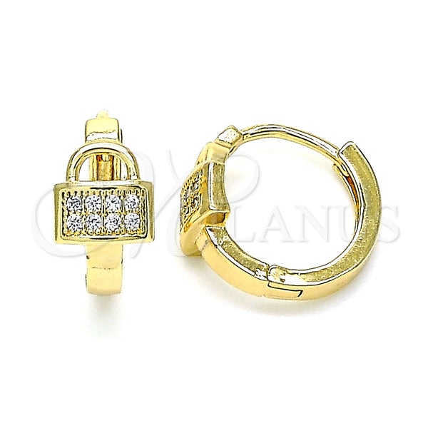 Gold Filled Hoop Earrings — Huggie Hoop Lock Design with White Micro Pave — main product view — SKU 144727 | Oro Laminado aretes de aro — Huggie Hoop Lock diseño with blanco Micro Pave — SKU 144727
