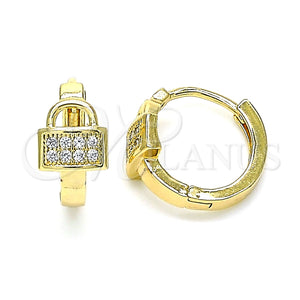 Gold Filled Hoop Earrings — Huggie Hoop Lock Design with White Micro Pave — main product view — SKU 144727 | Oro Laminado aretes de aro — Huggie Hoop Lock diseño with blanco Micro Pave — SKU 144727