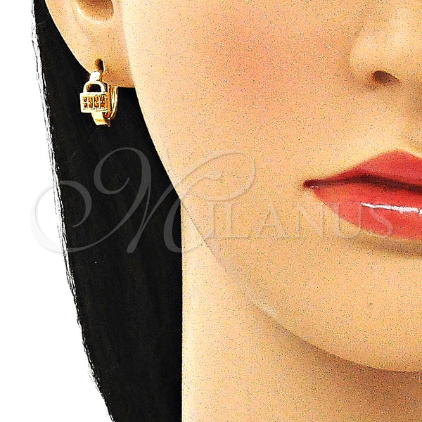 Gold Filled Hoop Earrings — Huggie Hoop Lock Design with Garnet Micro Pave — alternate product view — SKU 144728 | Oro Laminado aretes de aro — Huggie Hoop Lock diseño with Garnet Micro Pave — SKU 144728