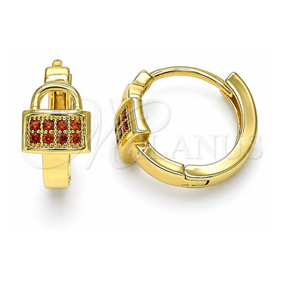 Oro Laminado Huggie Hoop, Gold Filled Style Lock Design, with Garnet Micro Pave, Polished, Golden Finish, 02.210.0595.1.12