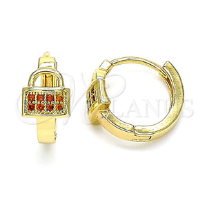 Gold Filled Hoop Earrings — Huggie Hoop Lock Design with Garnet Micro Pave — main product view — SKU 144728 | Oro Laminado aretes de aro — Huggie Hoop Lock diseño with Garnet Micro Pave — SKU 144728