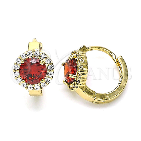 Gold Filled Hoop Earrings — Huggie Hoop with Garnet and White Cubic Zirconia — main product view — SKU 144729 | Oro Laminado aretes de aro — Huggie Hoop with Garnet and blanco Cubic Zirconia — SKU 144729