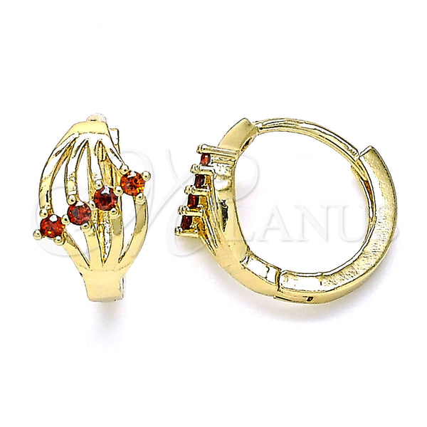 Gold Filled Hoop Earrings — Huggie Hoop with Garnet Cubic Zirconia Polished 02. — main product view — SKU 144731 | Oro Laminado aretes de aro — Huggie Hoop with Garnet Cubic Zirconia pulido 02. — SKU 144731