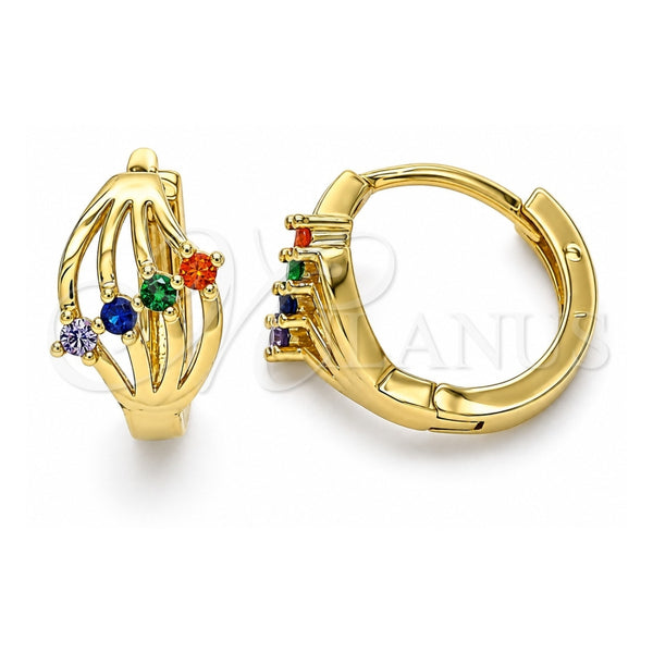 Oro Laminado Huggie Hoop, Gold Filled Style with Multicolor Cubic Zirconia, Polished, Golden Finish, 02.210.0597.3.12