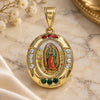 Oro Laminado Religious Pendant, Gold Filled Style Guadalupe Design, with Multicolor Crystal, Polished, Golden Finish, 05.253.0149