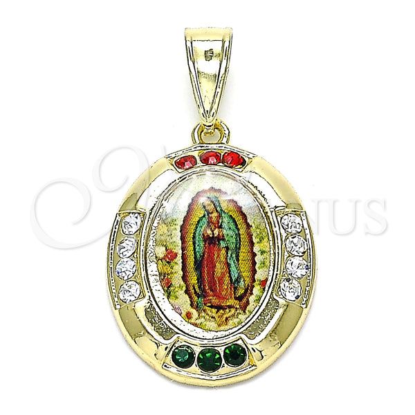 Gold Filled Pendant — Religious Pendant Guadalupe Design with Multicolor Crystal Polished — main product view — SKU 144736 | Oro Laminado dije — Religious Pendant Guadalupe diseño with Multicolor cristal pulido — SKU 144736