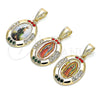 Oro Laminado Religious Pendant, Gold Filled Style Guadalupe Design, with Multicolor Crystal, Polished, Golden Finish, 05.253.0149