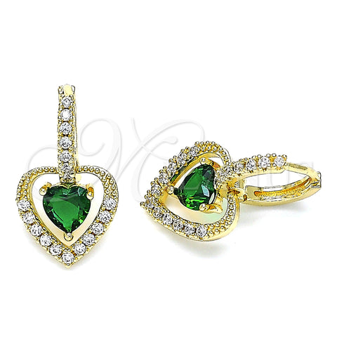 Oro Laminado Dangle Earring, Gold Filled Style Heart Design, with Green Cubic Zirconia and White Micro Pave, Polished, Golden Finish, 02.65.2660.4