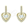 Oro Laminado Dangle Earring, Gold Filled Style Heart Design, with White Cubic Zirconia and White Micro Pave, Polished, Golden Finish, 02.65.2660.7