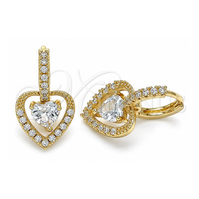 Oro Laminado Dangle Earring, Gold Filled Style Heart Design, with White Cubic Zirconia and White Micro Pave, Polished, Golden Finish, 02.65.2660.7