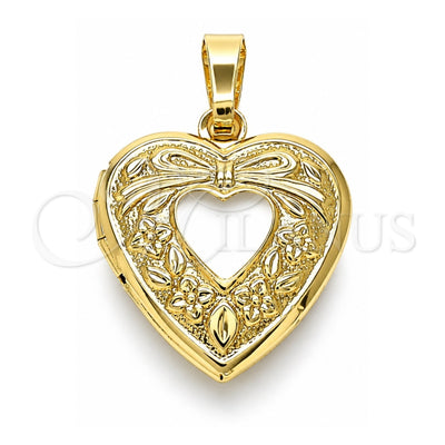 Oro Laminado Locket Pendant, Gold Filled Style Heart and Bow Design, Polished, Golden Finish, 05.117.0009