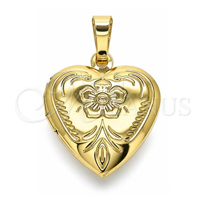 Oro Laminado Locket Pendant, Gold Filled Style Heart and Flower Design, Polished, Golden Finish, 05.117.0023