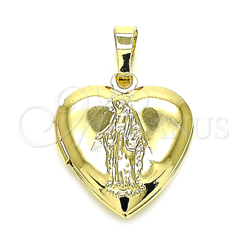 Oro Laminado Locket Pendant, Gold Filled Style Heart and Virgen Maria Design, Polished, Golden Finish, 05.117.0028