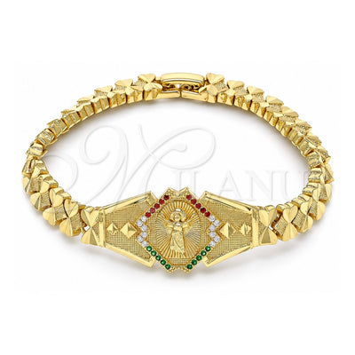 Oro Laminado Fancy Bracelet, Gold Filled Style Divino NiÃ±o and Heart Design, with Multicolor Cubic Zirconia, Diamond Cutting Finish, Golden Finish, 03.100.0069.07 (08 MM Thickness, 7 Inches Length)