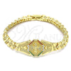 Oro Laminado Fancy Bracelet, Gold Filled Style Divino NiÃ±o and Heart Design, with Multicolor Cubic Zirconia, Diamond Cutting Finish, Golden Finish, 03.100.0069.07 (08 MM Thickness, 7 Inches Length)