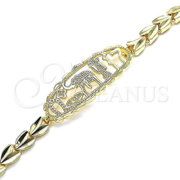 Oro Laminado Fancy Bracelet, Gold Filled Style Elephant and Owl Design, Diamond Cutting Finish, Golden Finish, 03.100.0070.07 (06 MM Thickness, 7 Inches Length)
