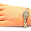 Oro Laminado Fancy Bracelet, Gold Filled Style Guadalupe and Flower Design, with Multicolor Cubic Zirconia, Diamond Cutting Finish, Golden Finish, 03.100.0062.1.08 (08 MM Thickness, 8 Inches Length)