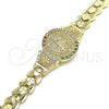 Oro Laminado Fancy Bracelet, Gold Filled Style Guadalupe and Flower Design, with Multicolor Cubic Zirconia, Diamond Cutting Finish, Golden Finish, 03.100.0062.1.08 (08 MM Thickness, 8 Inches Length)