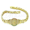 Oro Laminado Fancy Bracelet, Gold Filled Style Guadalupe and Flower Design, with Multicolor Cubic Zirconia, Diamond Cutting Finish, Golden Finish, 03.100.0062.1.08 (08 MM Thickness, 8 Inches Length)