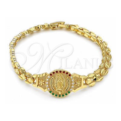 Oro Laminado Fancy Bracelet, Gold Filled Style Guadalupe and Flower Design, with Multicolor Cubic Zirconia, Diamond Cutting Finish, Golden Finish, 03.100.0062.1.08 (08 MM Thickness, 8 Inches Length)