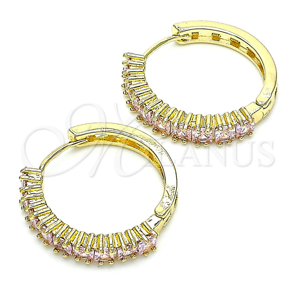 Oro Laminado Huggie Hoop, Gold Filled Style with Pink Cubic Zirconia, Polished, Golden Finish, 02.210.0105.13.25
