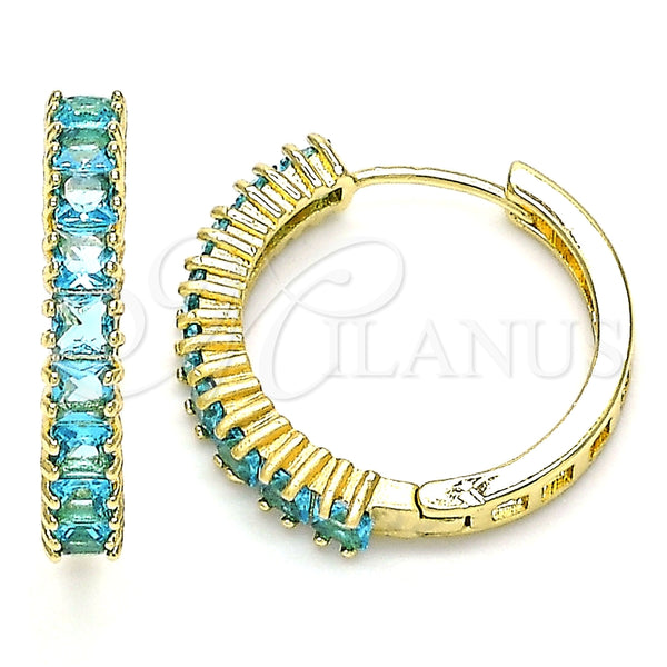 Gold Filled Hoop Earrings — Huggie Hoop with Blue Topaz Cubic Zirconia Polished — main product view — SKU 144828 | Oro Laminado aretes de aro — Huggie Hoop with Blue Topaz Cubic Zirconia pulido — SKU 144828