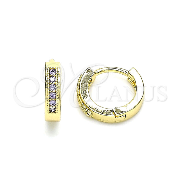 Gold Filled Hoop Earrings — Huggie Hoop with Amethyst Micro Pave Polished 02. — main product view — SKU 144831 | Oro Laminado aretes de aro — Huggie Hoop with Amethyst Micro Pave pulido 02. — SKU 144831