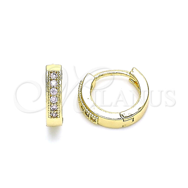 Gold Filled Hoop Earrings — Huggie Hoop with Pink Micro Pave Polished 02. — main product view — SKU 144832 | Oro Laminado aretes de aro — Huggie Hoop with Pink Micro Pave pulido 02. — SKU 144832