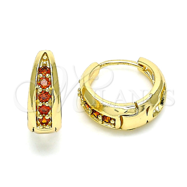 Gold Filled Hoop Earrings — Huggie Hoop with Garnet Cubic Zirconia Polished 02. — main product view — SKU 144835 | Oro Laminado aretes de aro — Huggie Hoop with Garnet Cubic Zirconia pulido 02. — SKU 144835