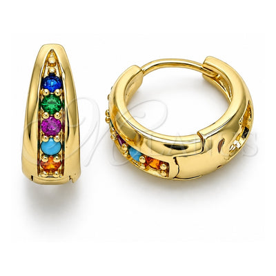Oro Laminado Huggie Hoop, Gold Filled Style with Multicolor Cubic Zirconia, Polished, Golden Finish, 02.210.0599.4.15