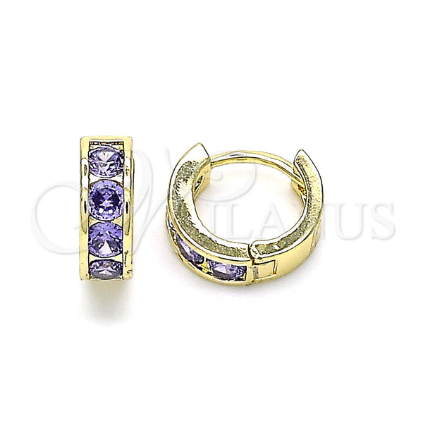 Gold Filled Hoop Earrings — Huggie Hoop with Amethyst Cubic Zirconia Polished 02. — main product view — SKU 144841 | Oro Laminado aretes de aro — Huggie Hoop with Amethyst Cubic Zirconia pulido 02. — SKU 144841