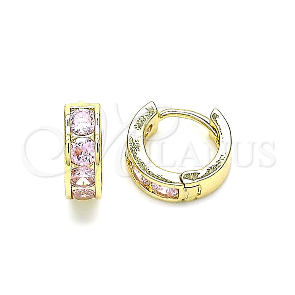 Gold Filled Hoop Earrings — Huggie Hoop with Pink Cubic Zirconia Polished 02. — main product view — SKU 144842 | Oro Laminado aretes de aro — Huggie Hoop with Pink Cubic Zirconia pulido 02. — SKU 144842