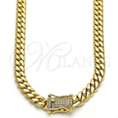 Stainless Steel Basic Necklace, Miami Cuban Design, with White Cubic Zirconia, Polished, Golden Finish, 03.278.0003.24 (08 MM Thickness, 24 Inches Length)