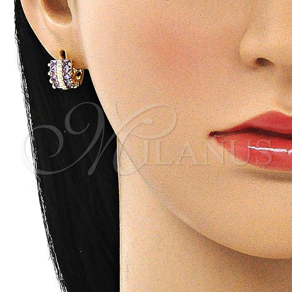 Gold Filled Hoop Earrings — Huggie Hoop with Amethyst Cubic Zirconia Polished 02. — alternate product view — SKU 144848 | Oro Laminado aretes de aro — Huggie Hoop with Amethyst Cubic Zirconia pulido 02. — SKU 144848