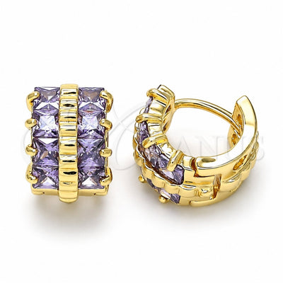 Oro Laminado Huggie Hoop, Gold Filled Style with Amethyst Cubic Zirconia, Polished, Golden Finish, 02.210.0601.3.12