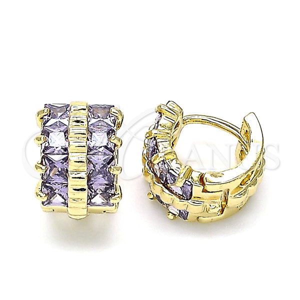 Gold Filled Hoop Earrings — Huggie Hoop with Amethyst Cubic Zirconia Polished 02. — main product view — SKU 144848 | Oro Laminado aretes de aro — Huggie Hoop with Amethyst Cubic Zirconia pulido 02. — SKU 144848