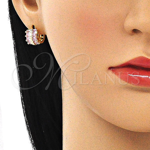Gold Filled Hoop Earrings — Huggie Hoop with Pink Cubic Zirconia Polished 02. — alternate product view — SKU 144849 | Oro Laminado aretes de aro — Huggie Hoop with Pink Cubic Zirconia pulido 02. — SKU 144849