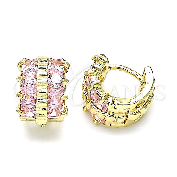 Gold Filled Hoop Earrings — Huggie Hoop with Pink Cubic Zirconia Polished 02. — main product view — SKU 144849 | Oro Laminado aretes de aro — Huggie Hoop with Pink Cubic Zirconia pulido 02. — SKU 144849